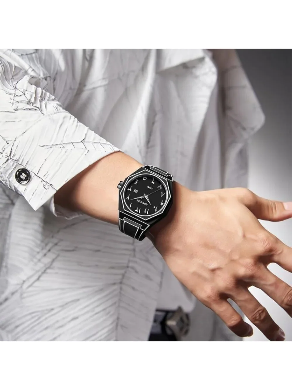 Men's Black Analog Silicone Strap Unique Anime-Inspired Arabic Dial Wrist Watch